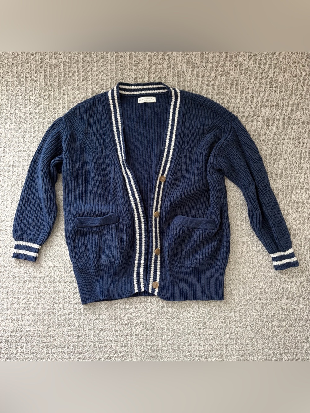 Lucky Brand Navy Varsity Cardigan with White Stripe Trim